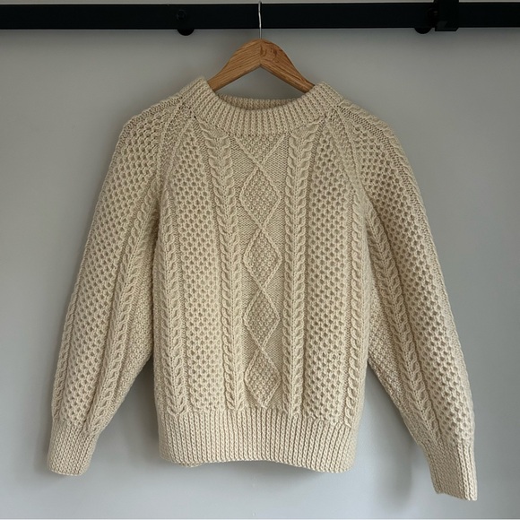 Crew Neck Cable Knit Wool Hand Knit Fisherman Sweater - Picture 2 of 13